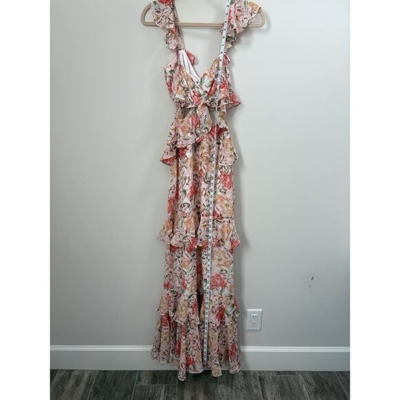 WAYF Floral Chiffon Ruffle Cutout Maxi Dress Romatic Tiered Pink Fairy Whimsy Sm - Picture 9 of 16